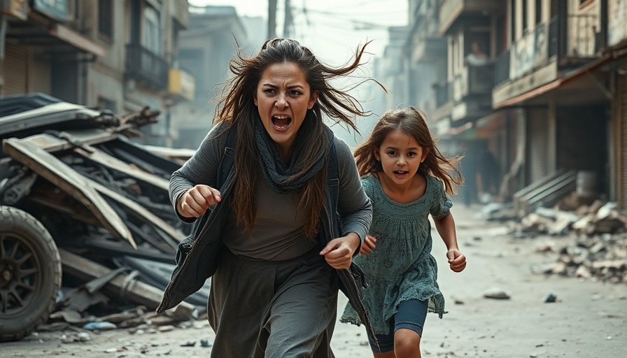 Woman and child fleeing past wreckage in conflict zone, capturing fear and urgency.