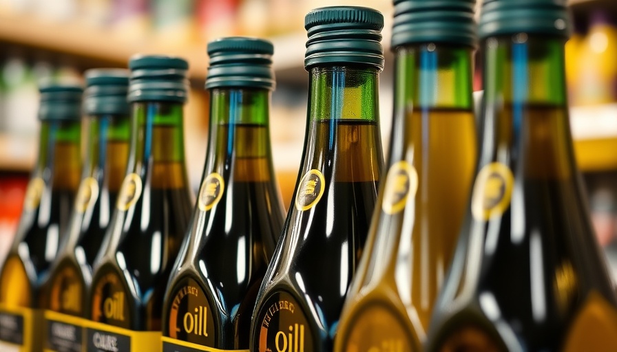 European olive oil bottles on supermarket shelf impacted by US tariff threat.
