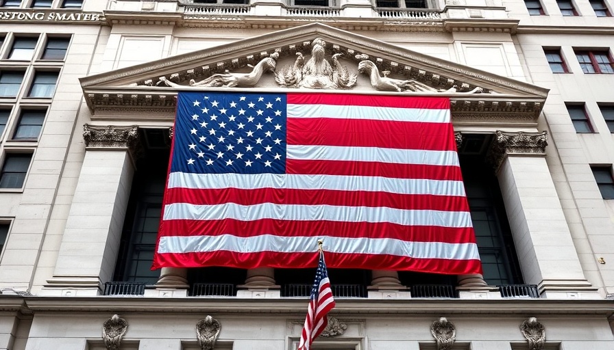 American flag on New York Stock Exchange, economic focus, Trump tariffs Dow futures fall.