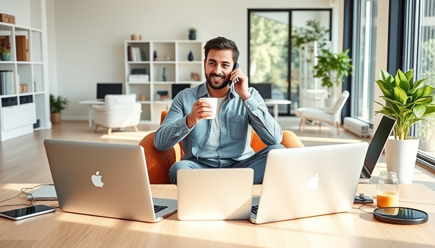Man multitasking in home office with multiple laptops, highlighting tech overemployment.