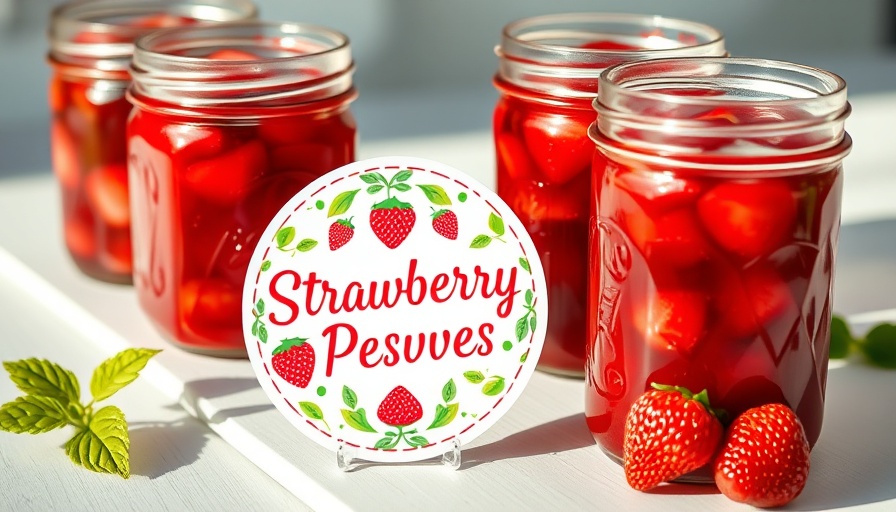 Printable canning labels next to strawberry jam jars