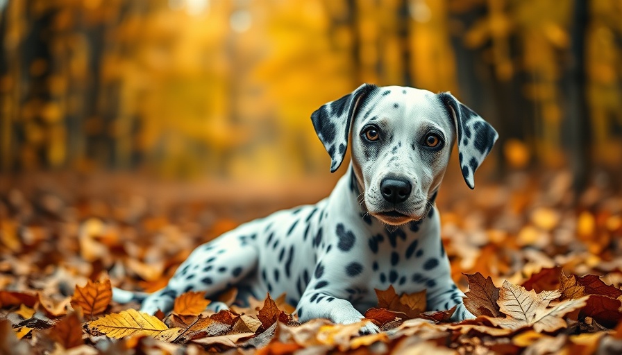 Dalmatian in autumn leaves, curious look, ready to use stem cell therapy for pets.