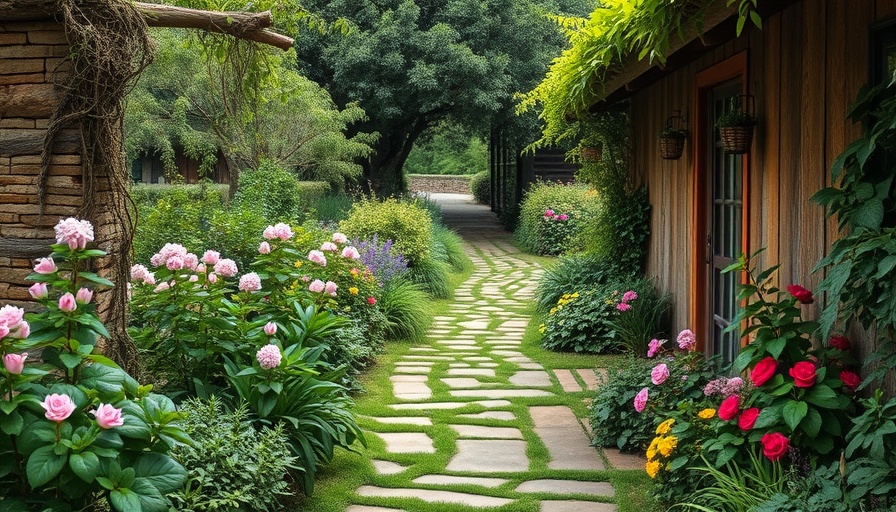 Rustic garden walkway with lush greenery and flowers.
