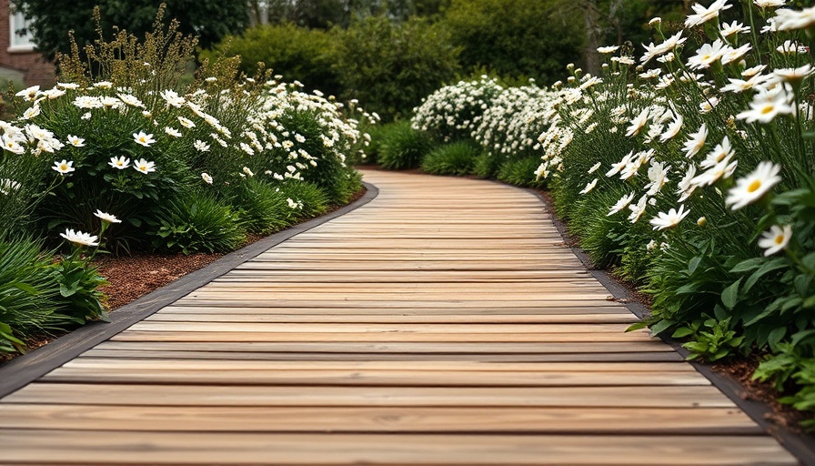 Rustic wooden sleeper boardwalk in garden setting, lush greenery.