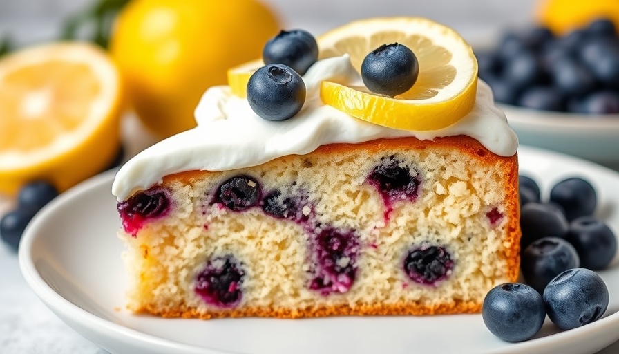 Lemon Blueberry Cake Recipe slice with frosting and fruit.