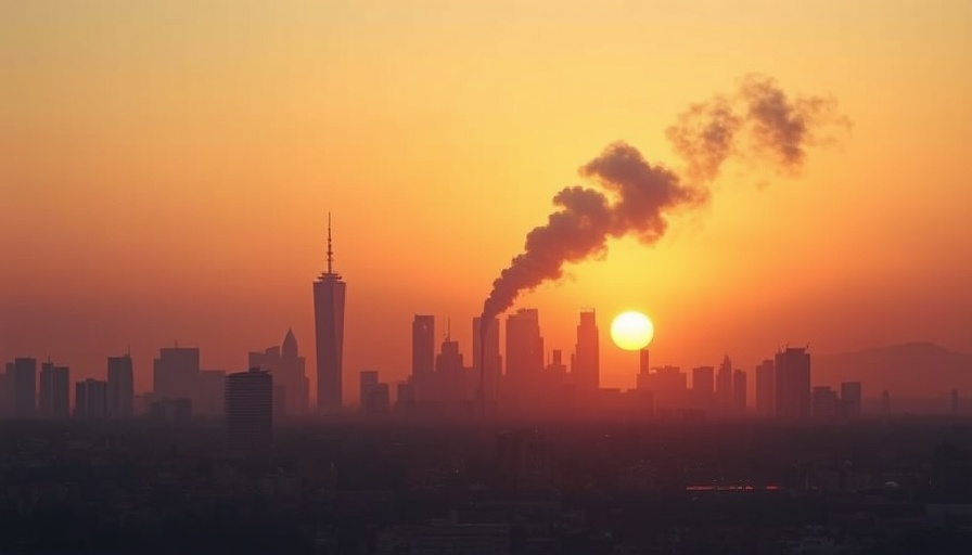 Dramatic urban skyline with smoke plume at sunset.
