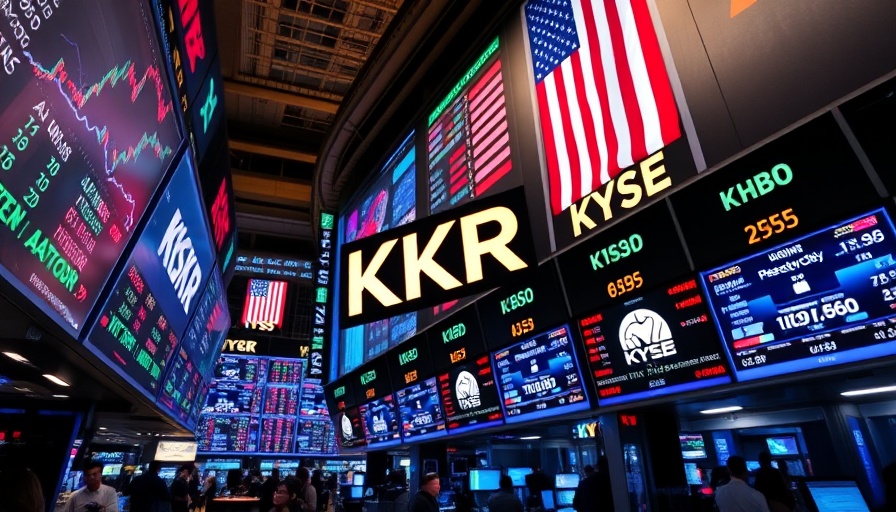 KKR financial display at New York Stock Exchange showcasing mergers and acquisitions.