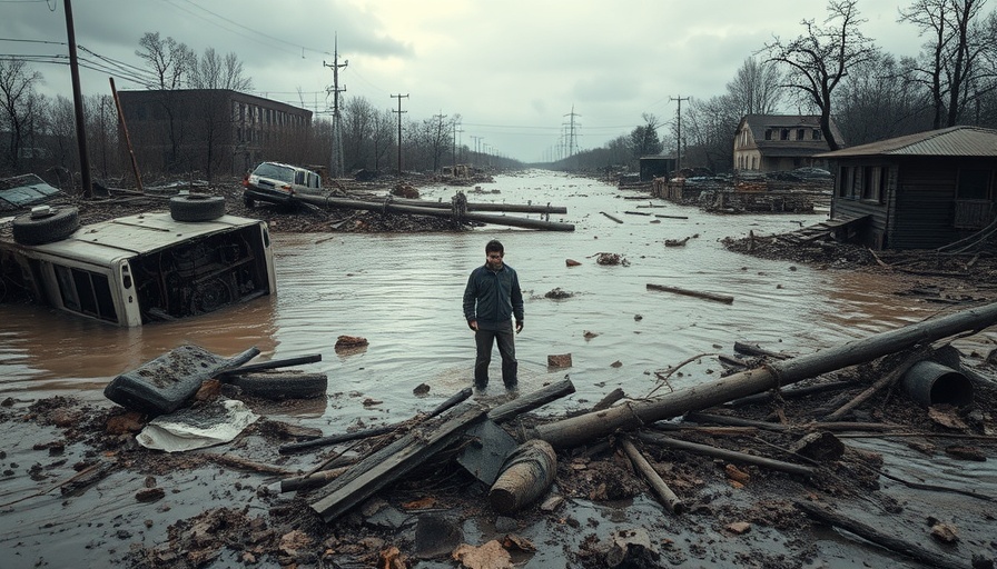 Texas Flood Rescue Efforts: Man amid flood debris in river scene.