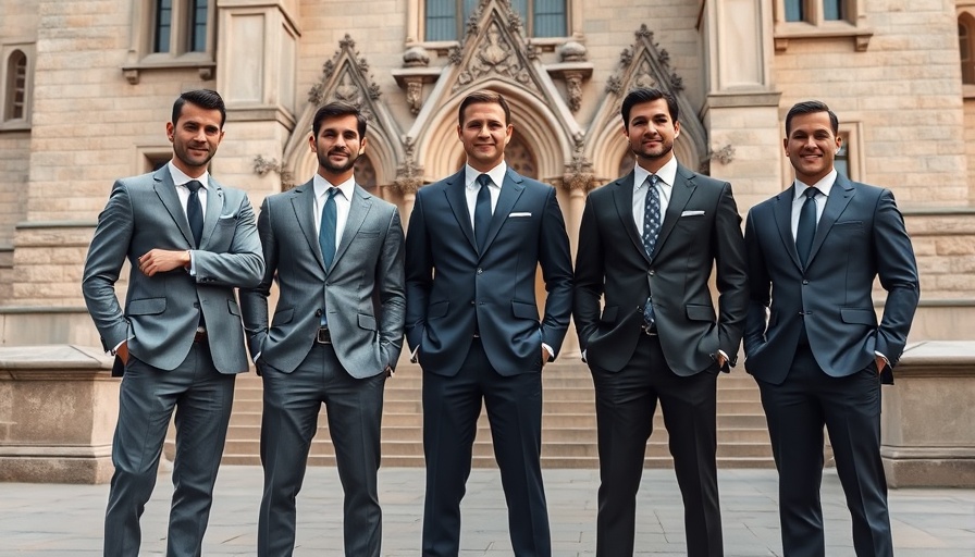 Professional men in suits posing outside historic building.