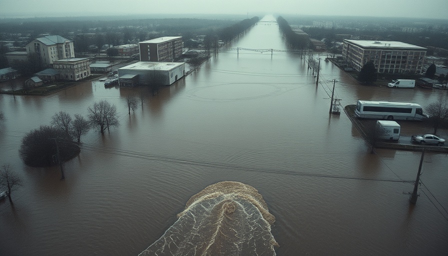 Texas floods response: Urban area submerged in floodwaters from aerial view.