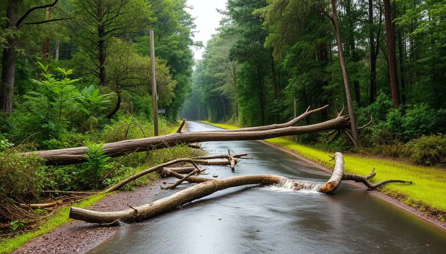 Camp Mystic flood safety, flooded road with fallen trees, overcast day.