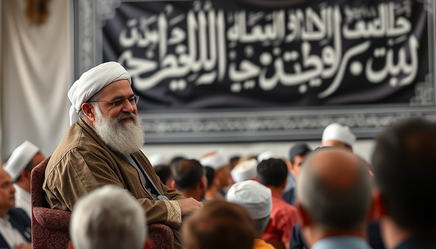 Iran's Khamenei public appearance with traditional attire and script backdrop.