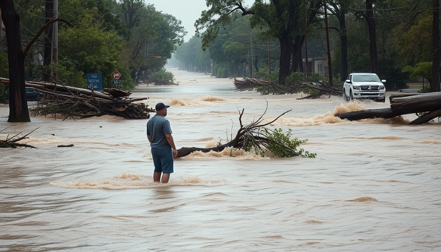 Impact of Texas flash floods on community shown by a man amidst debris.