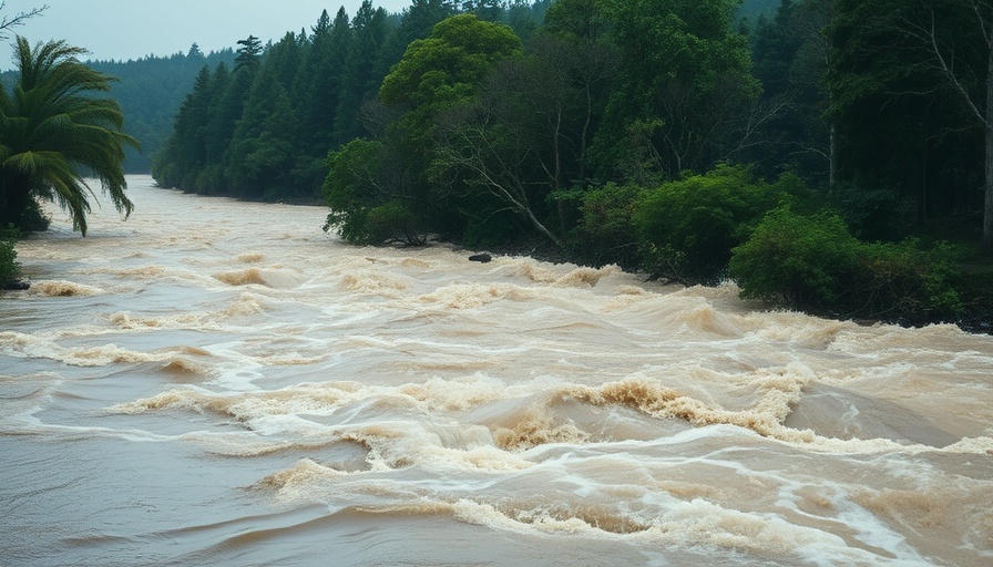 Flooding at Texas summer camp with overflowing riverbanks and trees submerged.