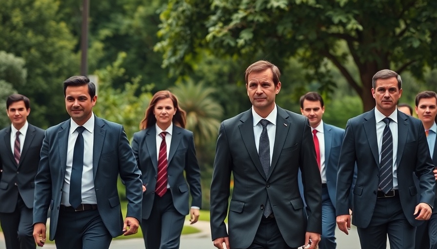 Professionals in suits walking outdoors at a formal event.