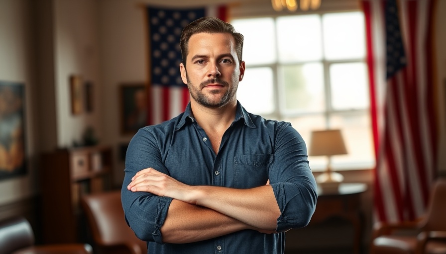 Confident man standing in a room with an American flag background.