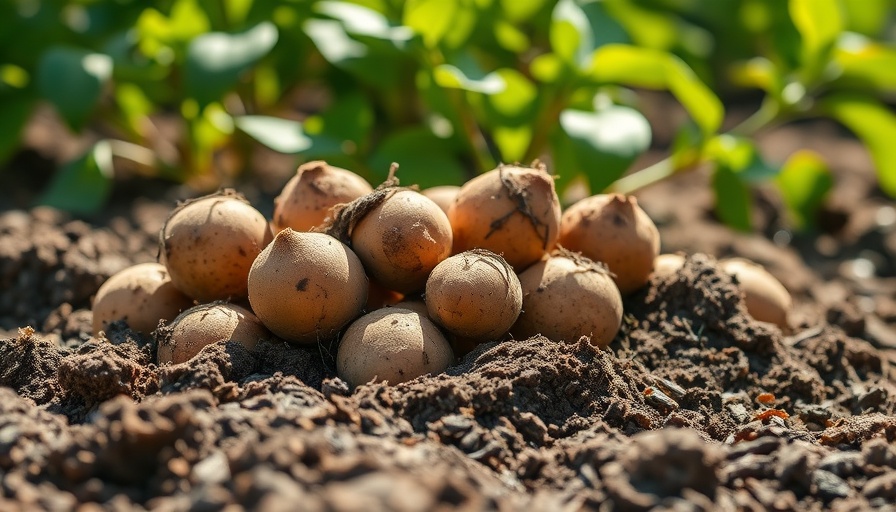 Freshly harvested potatoes in a field, sunlight casting shadows.