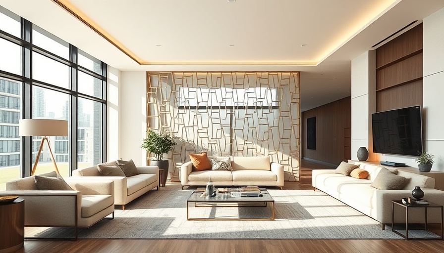 Sophisticated living room decor with unique dividers and modern furniture.