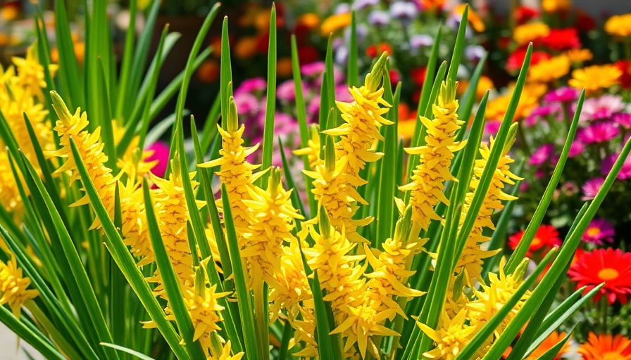 Vibrant yellow garlic plants in full bloom in a colorful garden.