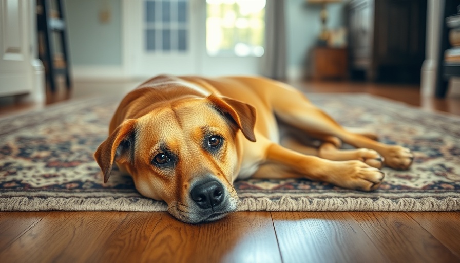 Tan dog lying on hardwood floor in bright home setting.