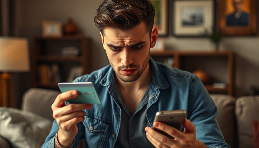 Worried man in a living room checking credit card balance on phone.