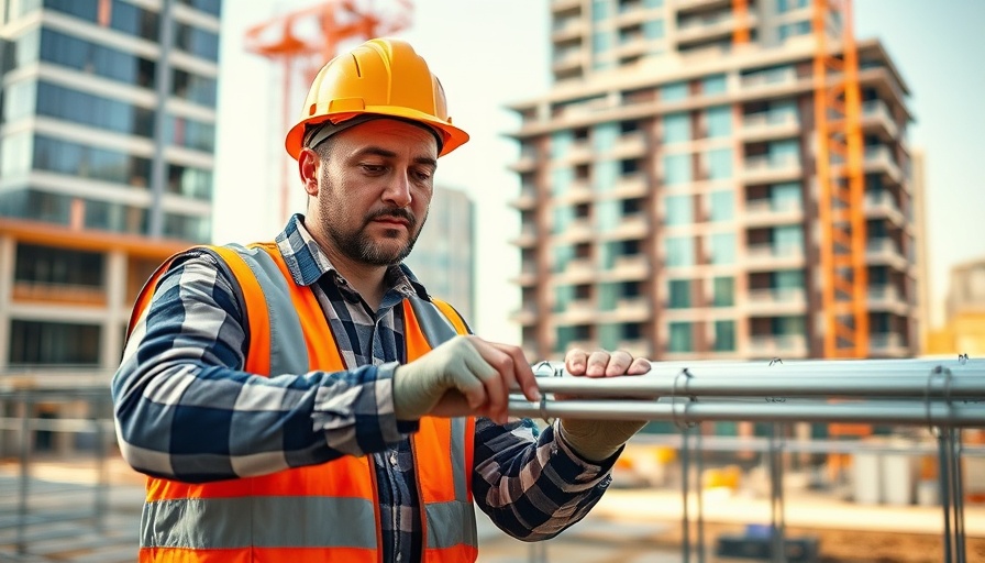 Construction worker handling steel grid at urban site, US tariff steel industry UK.