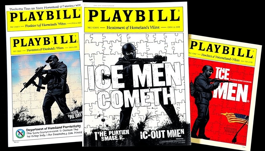 Trump ICE security state playbill cover art with silhouettes and bold design.