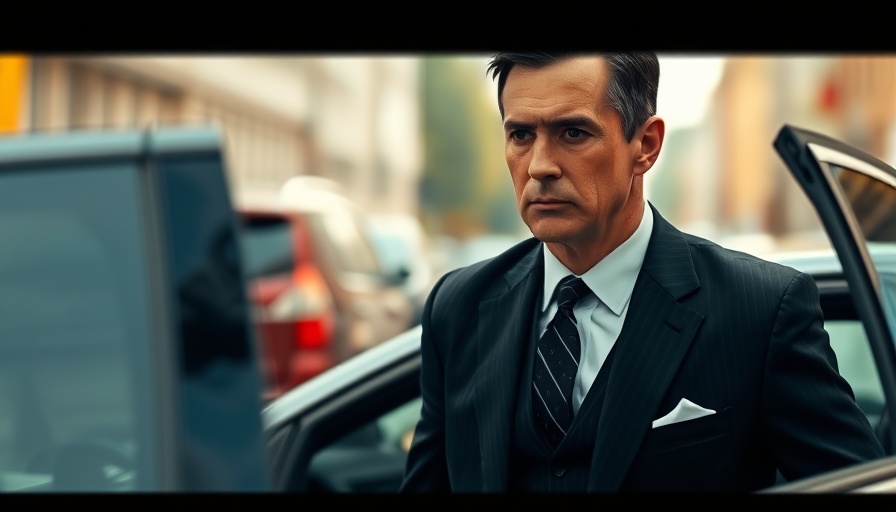 Man in suit stepping out of car, urban backdrop.
