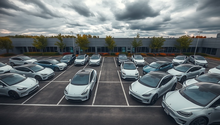 Tesla cars parked overhead view highlighting decline context.