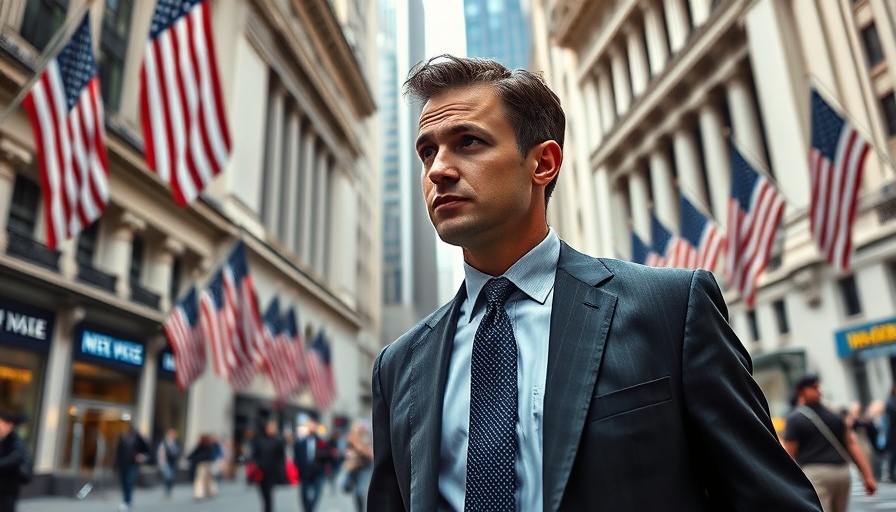 Businessman walking near NYSE reflecting Trump's tariff impact on stock market.