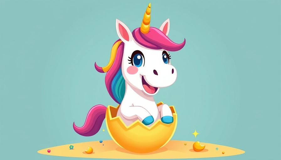 New tech unicorns 2025 concept with colorful unicorn hatching from an egg.