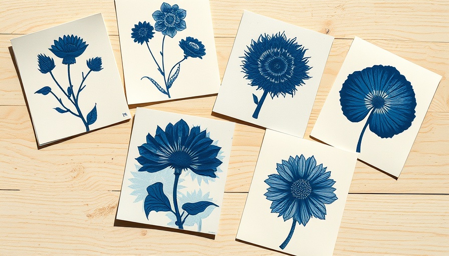 Cyanotype sun print cards with botanical designs on wood.