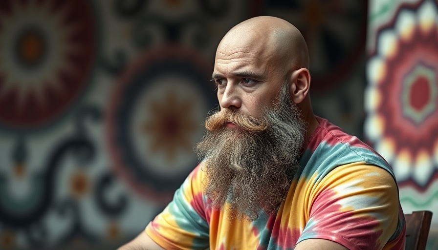 Contemplative man in tie-dye shirt in an outdoor setting.