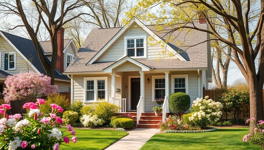 Charming suburban house in spring with flowers, representing buying a home during divorce.