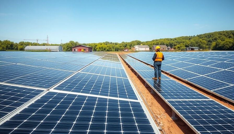Expansive solar power array with worker observing in industrial setting.