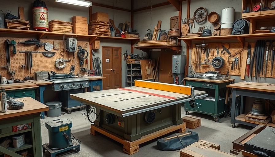 Industrial workshop with a table saw and tools, organized workspace.