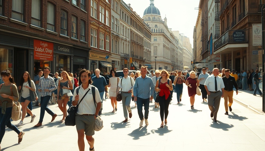 Diverse pedestrians in busy city, UK public finances risks theme.