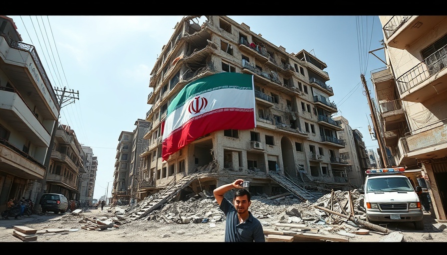 Damaged building with Iranian flag, person taking photo, urban setting.