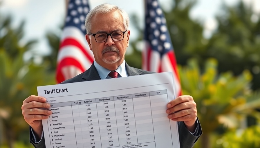 Official discussing tariff chart implications in front of American flag.