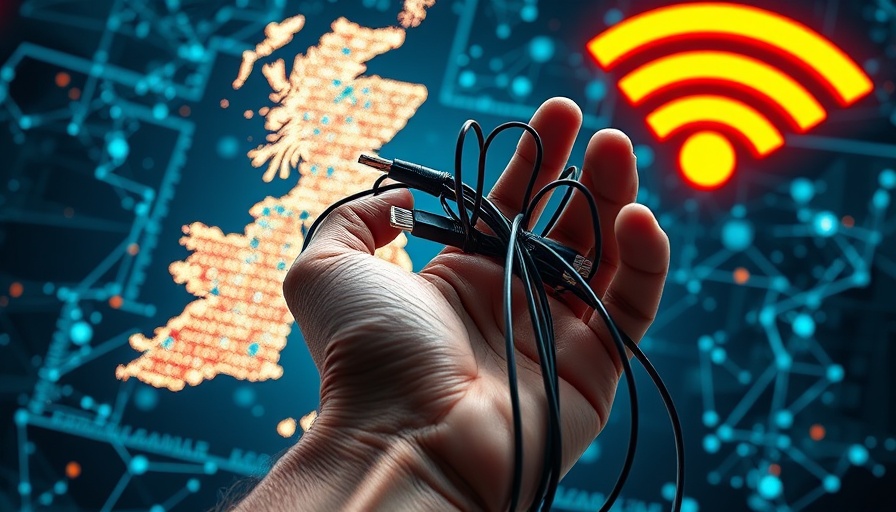 British fibre broadband success story illustrated by a hand holding cables over a UK map.