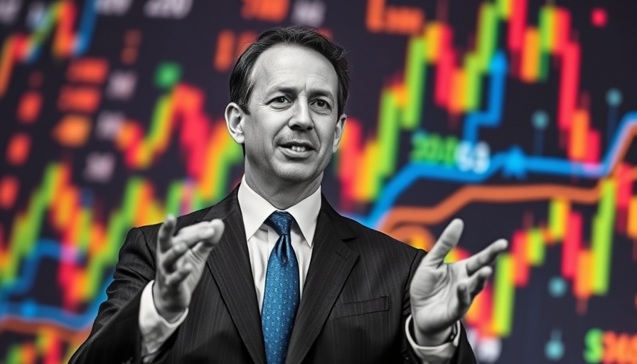 Man gestures in front of colorful financial graph background.