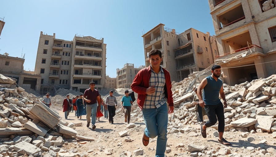 People walking past rubble, symbolizing resilience amid destruction.
