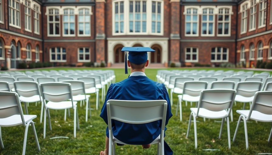 Graduate in blue gown facing university building, empty chairs, AI in Higher Education