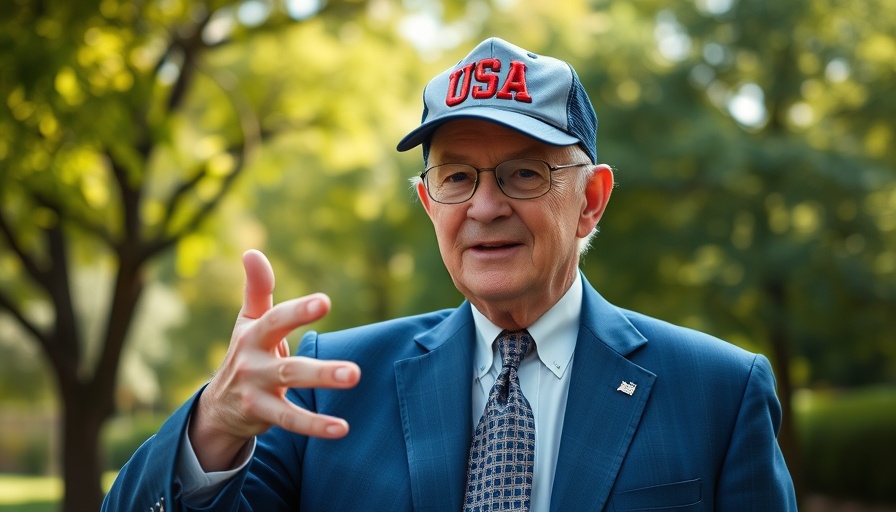 Older man outdoors gesturing with USA cap in park, Trump influence on federal rate cuts.