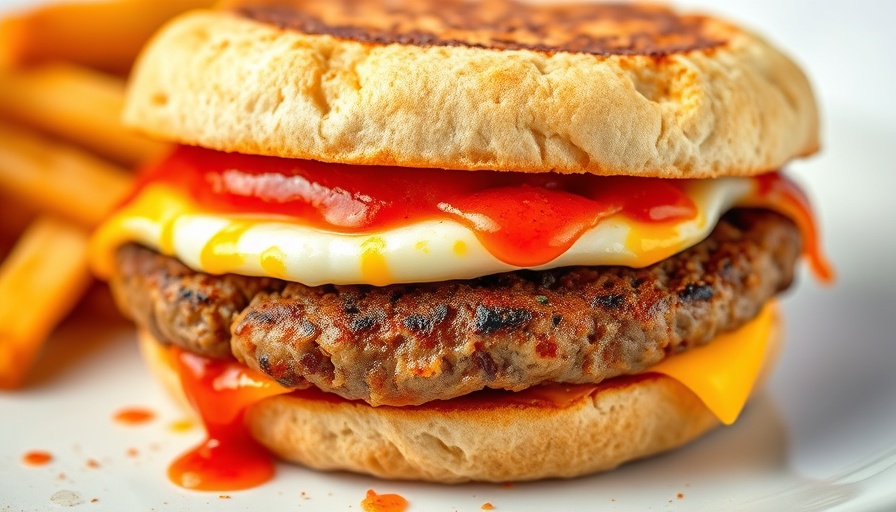McDonald's spicy breakfast sandwich, featuring layers of egg, sausage, and sauce on an English muffin.