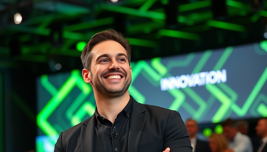 Tech event featuring autonomous AI startups with smiling male presenter.