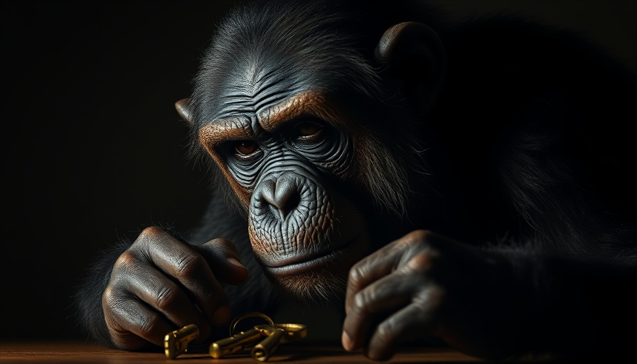 Thoughtful chimpanzee pondering small objects, dramatic lighting, lifelike.