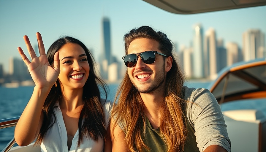 Smiling couple on a boat, sunny day city backdrop