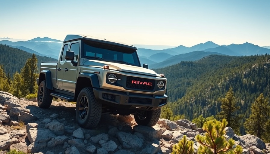Rivian truck showcasing advanced quad-motor technology on a mountain.