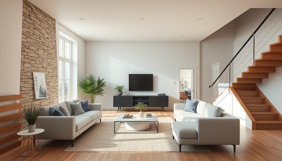 Modern staged living room with stone wall and staircase